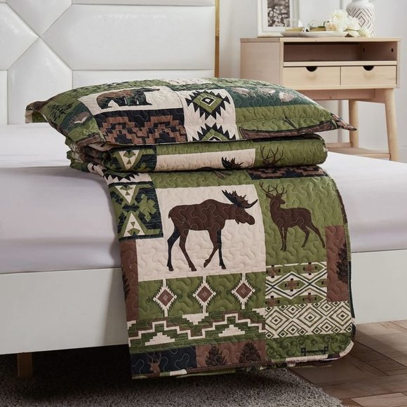 New Lodge Moose & Deer 3-Piece Bedding 100% Polyester Quilt Set • KING - Picture 2 of 7